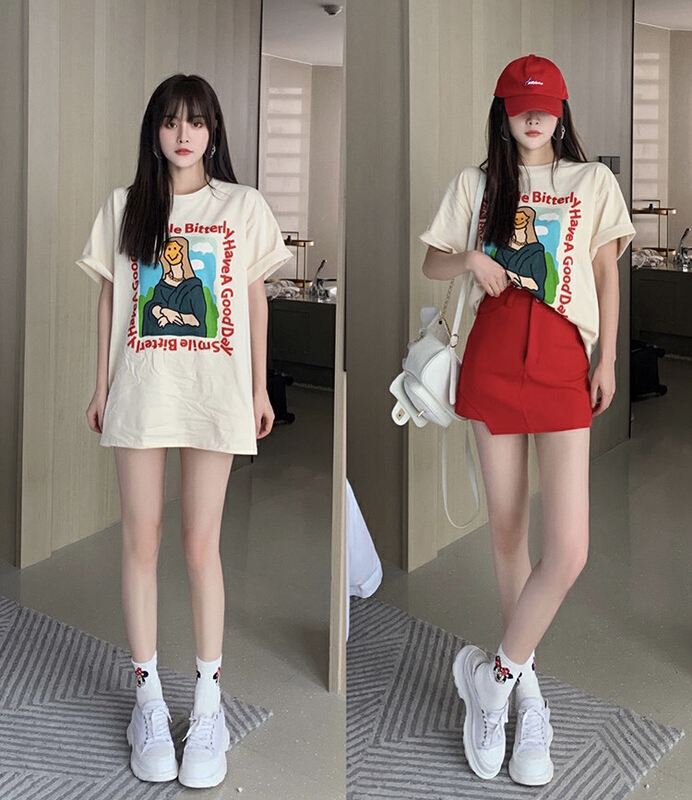 [savage] Korean foreign style round neck loose letter cartoon printed short sleeve T-shirt e6961# WPL