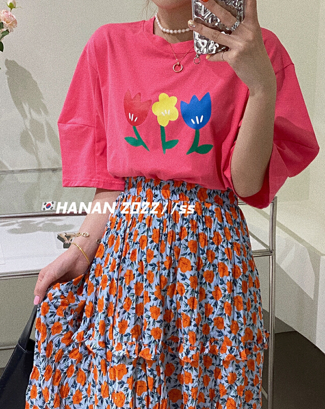 New in early summer! [Hanan] Korean versatile loose floret short sleeve T-shirt 6973# LSL
