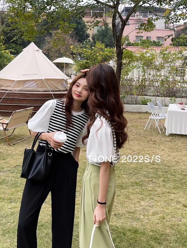 [f one] lazy casual round neck striped T-shirt 56133# WPL
