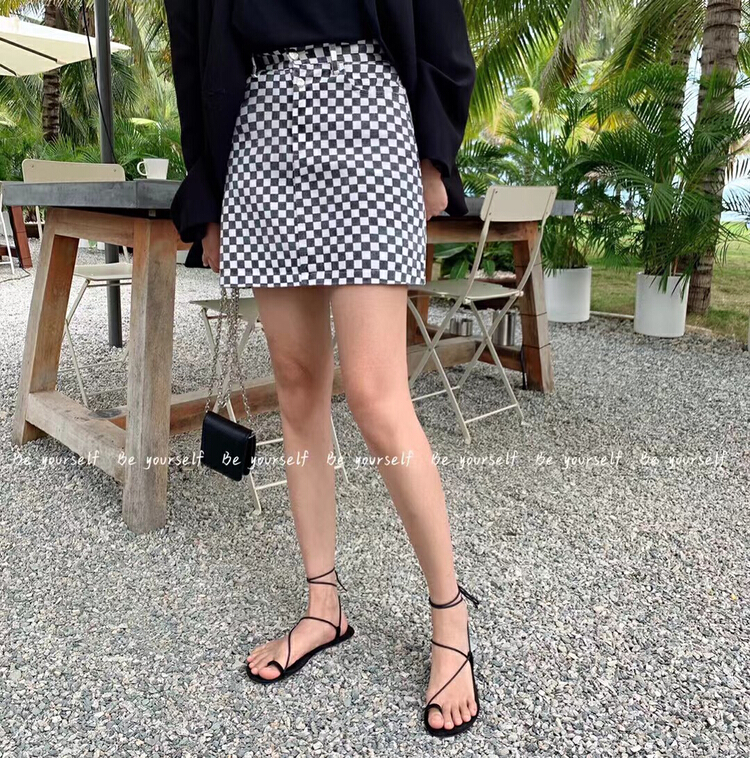 goods in stock! New year in early spring! [be your self] Korean versatile checkerboard denim skirt q66032# LSL