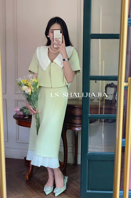 [LS] color blocking fashion niche + temperament slim skirt suit 60075# WPL