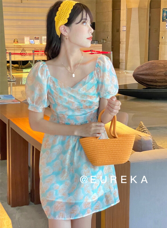 [Eureka] sweet first love square neck bubble sleeve dress 22123# WPL