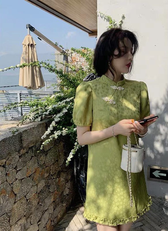 [savage] buckle bubble sleeve pleated lace Jacquard Dress e8109# WPL