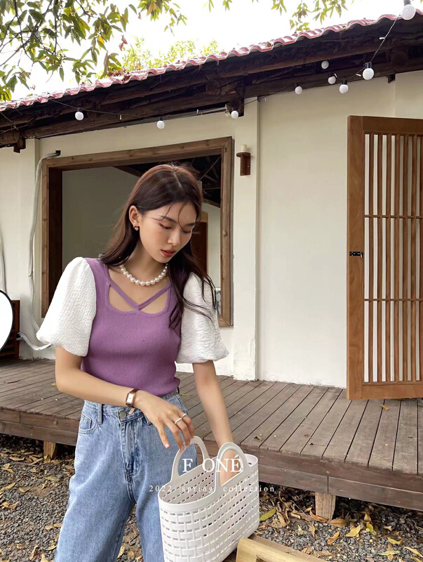 [f one] fashion color blocking versatile T-shirt 66066# WPL