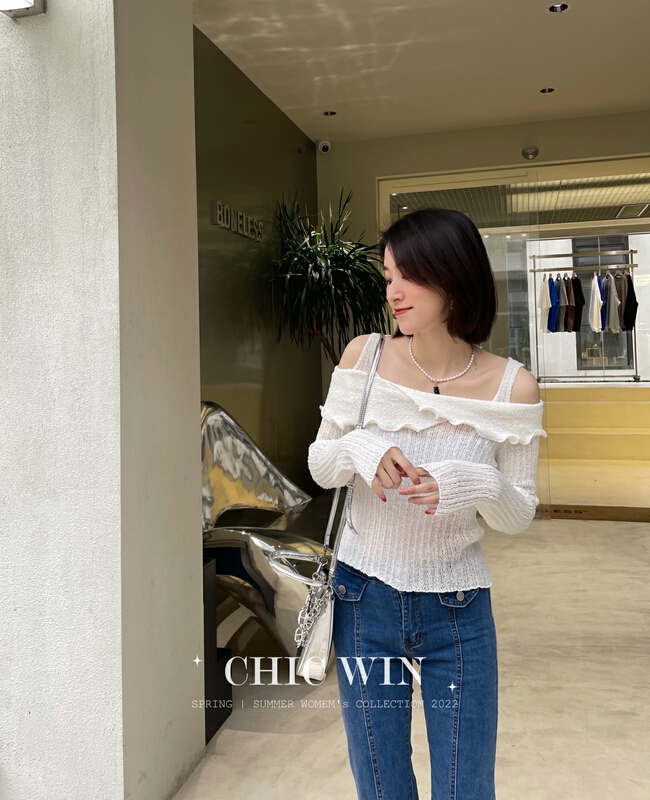New year in early spring! [chic win] Korean design sense sling off shoulder lotus leaf collar sweater 1102# CSX