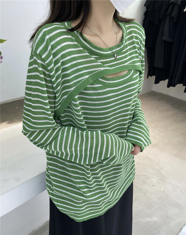 [VI. Liu Liu] Korean stripe versatile sunscreen shirt 80001# zxx