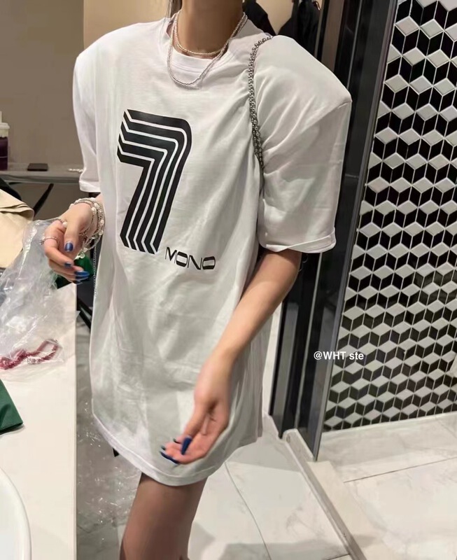goods in stock! [wht] shoulder pad digital print loose short sleeve T-shirt 4053# WTT