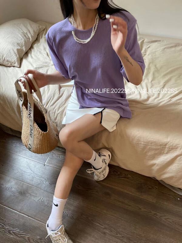 New in early summer! [Nina life] simple and versatile loose short sleeve T-shirt (with pearl chain) 3971# zxl