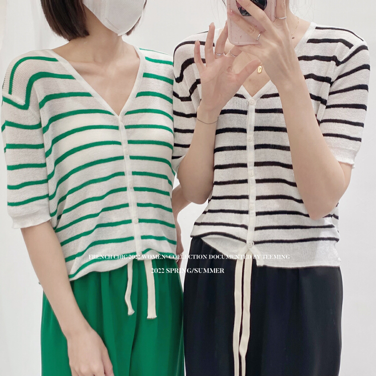 [teem ing] ins stripe cool short sleeve knit cardigan 22t230# hjy