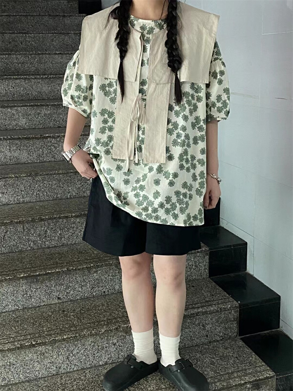 [Muxi] Korean floral comfortable shirt (with detachable collar) 1175# L