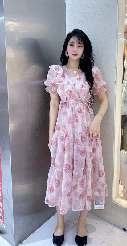 goods in stock! New in early summer! [mi2] V-neck flower fashion dress (with backing) b6288# JJ