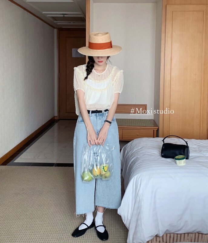 [Moxi] Korean aging solid color shirt (with suspender) 565285# XJ
