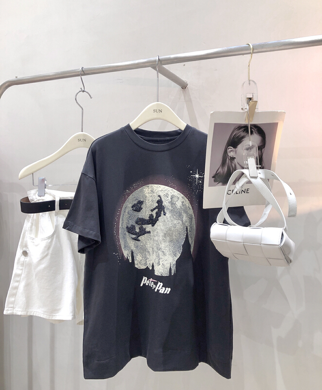 [sun] black grey American retro short sleeve T-shirt 04024# lwy