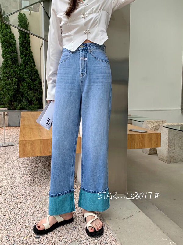 Original price 108.99! New year in early spring! [star] loose green hem straight jeans ls3017# CLS