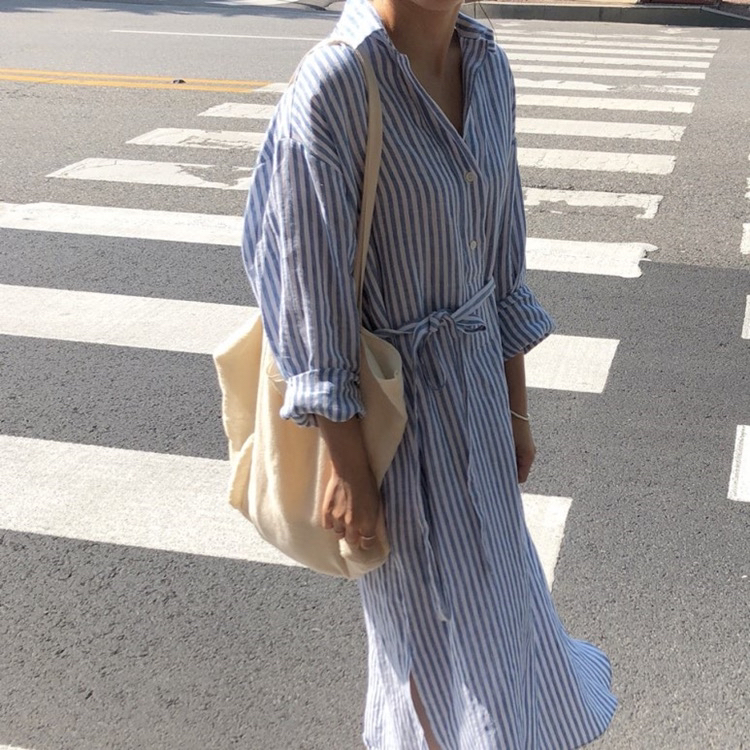 [LML] summer and autumn linen vertical stripe shirt dress 02862# ozq