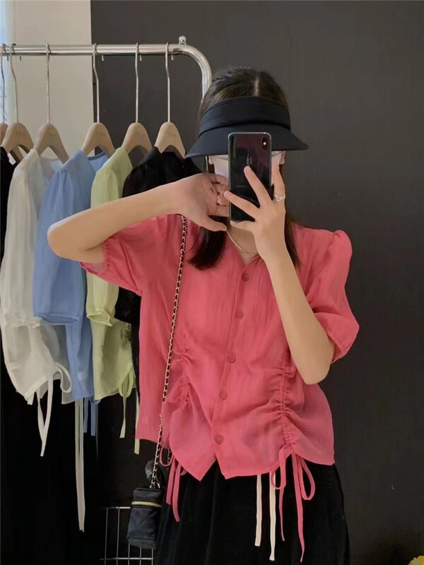 [m.zi studio] V-neck wrinkled drawcord single breasted shirt 5656# HBx