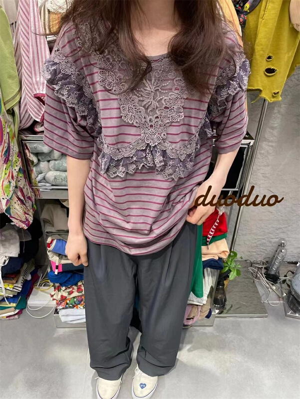 [dodo] round neck stitched lace short sleeve T-shirt (T-shirt only) 0343# LSL