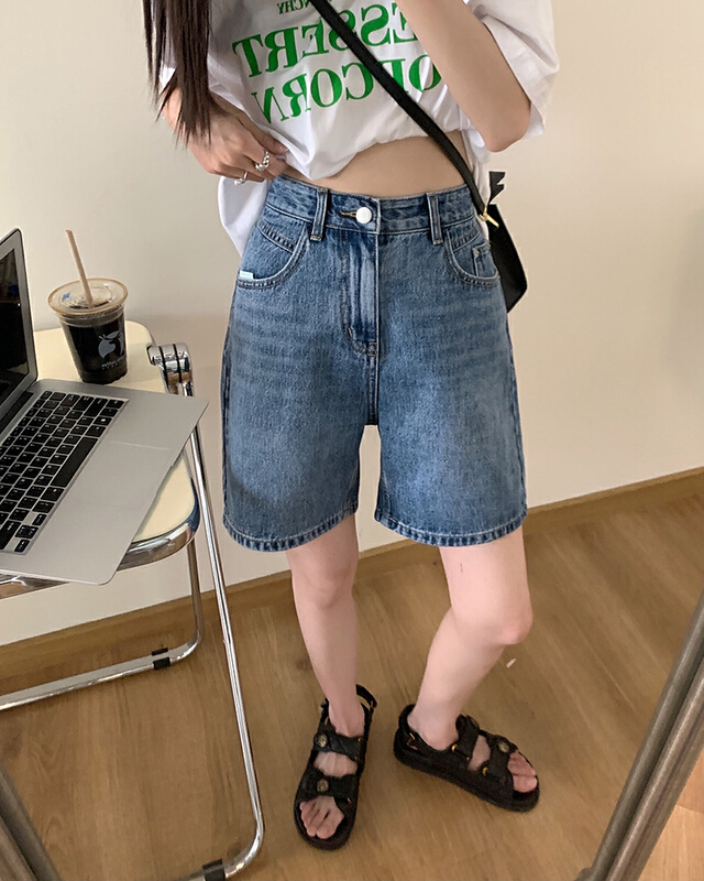 New in early summer! [timely rain] Korean style ins casual style loose and versatile high waist thin and wide foot denim shorts 45882# WPL
