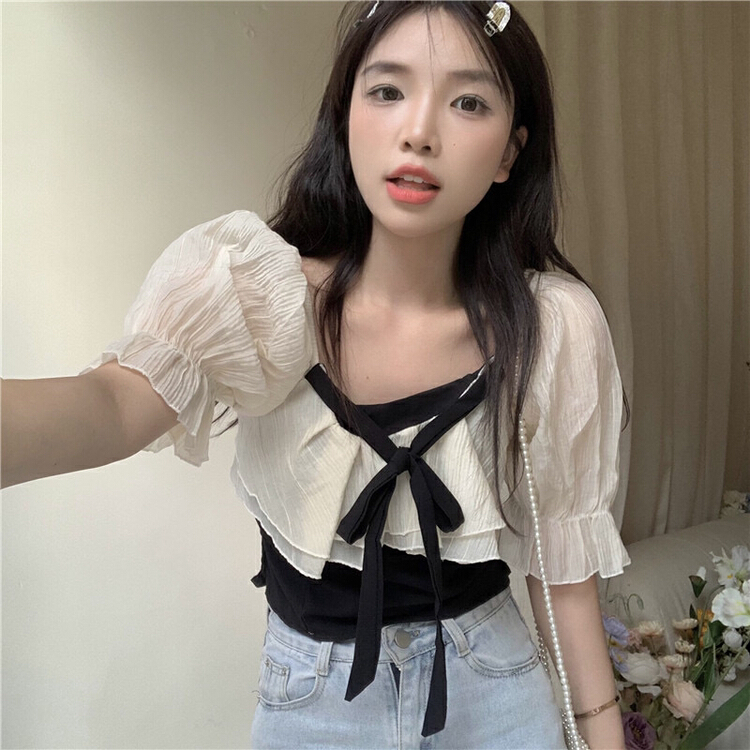 [timely rain] French stitched loose bubble sleeve short shirt 4925# WPL
