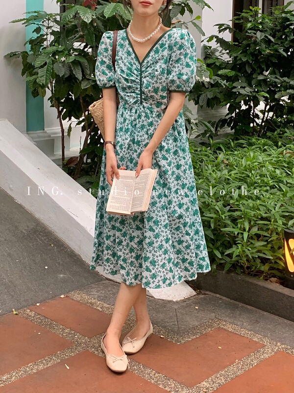 [ing] fresh and sweet V-neck contrast color edge slim fit Decor dress 9035# HBx