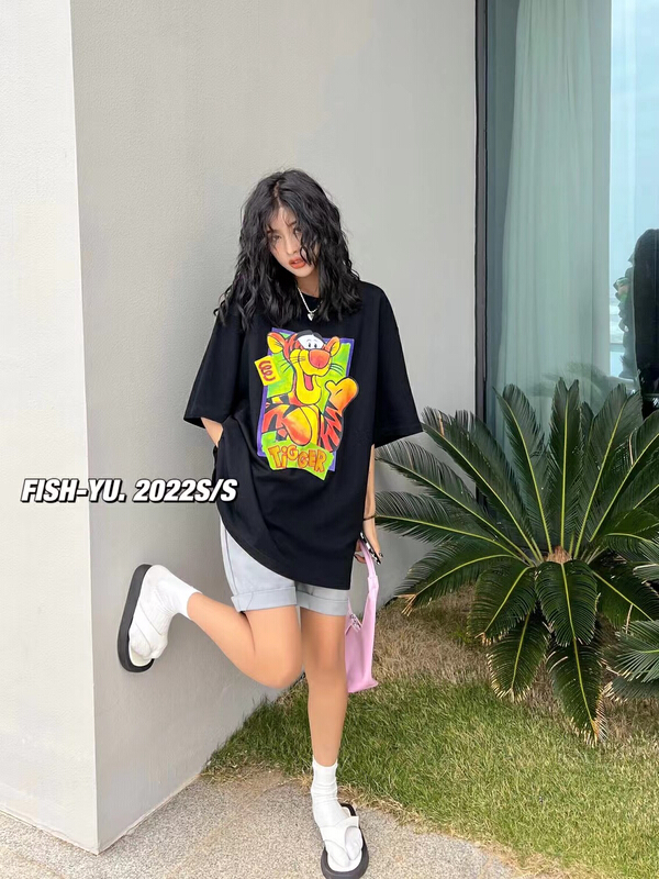 New in early summer! [fish Yu] cartoon Tigger 3D printing embroidered letters short sleeve T-shirt 22079# LSL