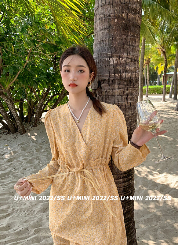 New year in early spring! [U + Mini] Korean version waist drawstring design V-neck dress d0529# WPL