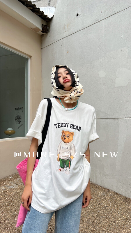 [more] Korean bear print loose short sleeve T-shirt 88115# ozq