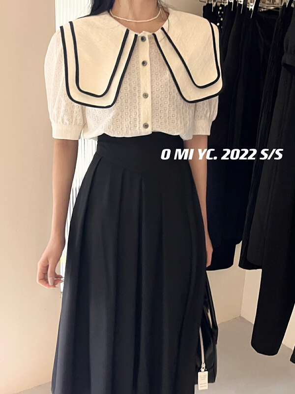 goods in stock! New in early summer! [O MI] collegiate Navy collar contrast single breasted shirt 8225# HBx