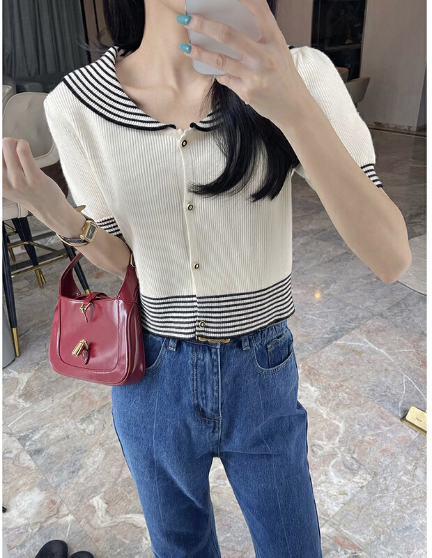 [Gu Wan] xiaoxiangfeng ice silk knitted black and white stripe blouse 5681# zxx