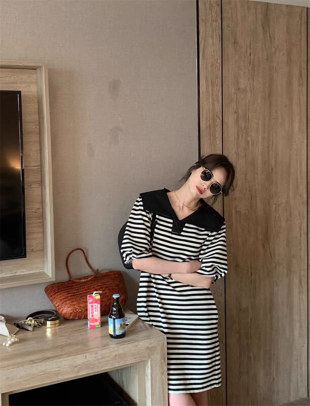 [Naikan Nik] Korean casual Navy collar stripe dress 9578# lwy
