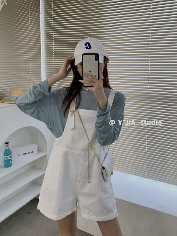 [y.jia Yijia] round neck thin long sleeve T-shirt + simple age reducing suspender suit ys2-1007# PCZ
