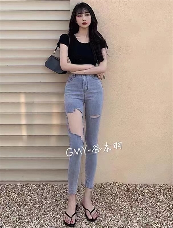 New in early summer! [Gu Muyu] personalized fashion pierced jeans g9026# ZSY