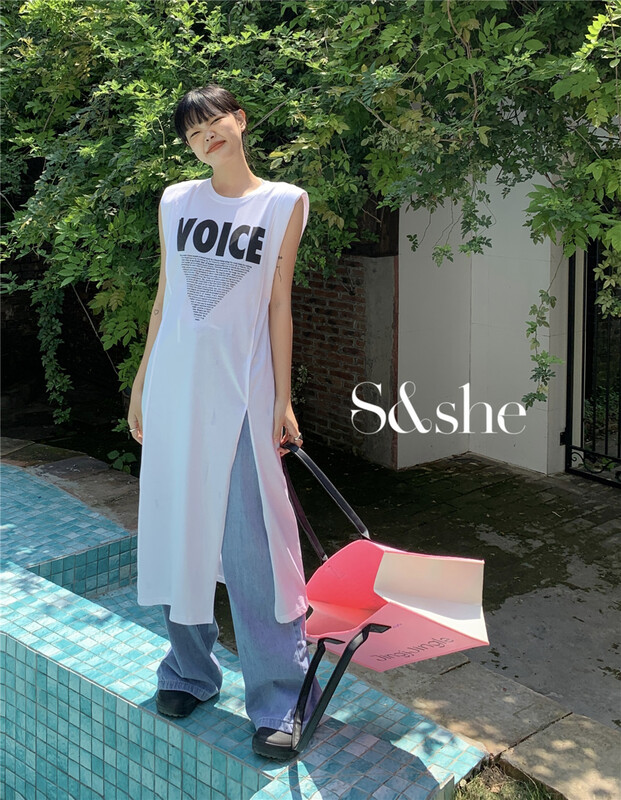 [S & she] slit lettered sleeveless dress 1202a# XJ