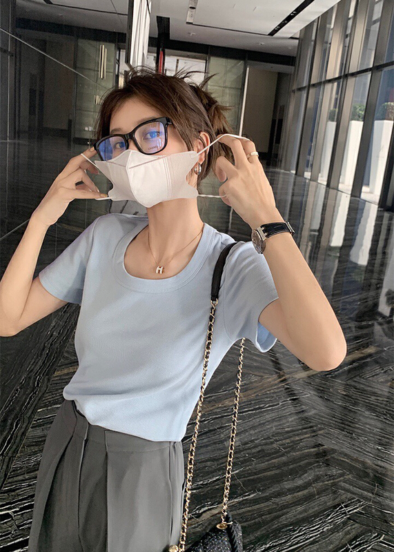[wgwe] versatile inside U-neck bottomed short sleeve T-shirt 1573# PCZ