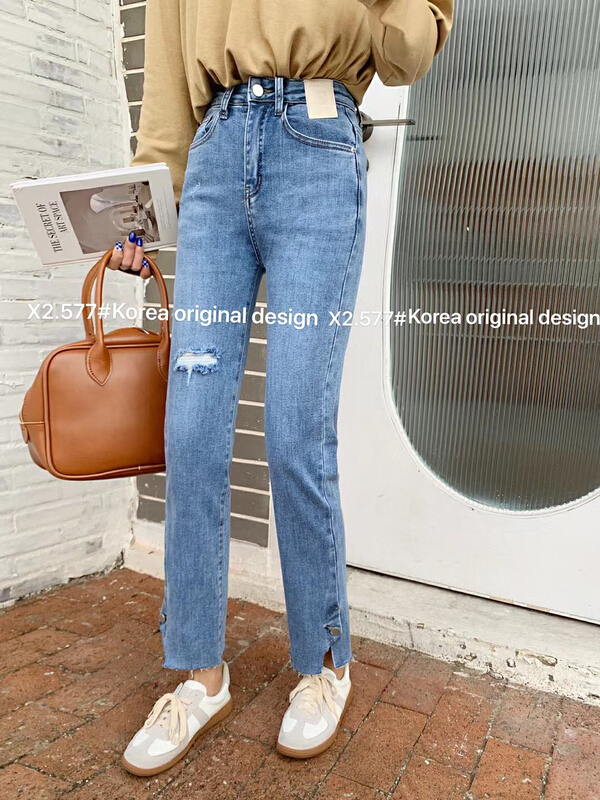 New year in early spring! [x2 square] Korean fashion slim fit jeans with holes 577# ll