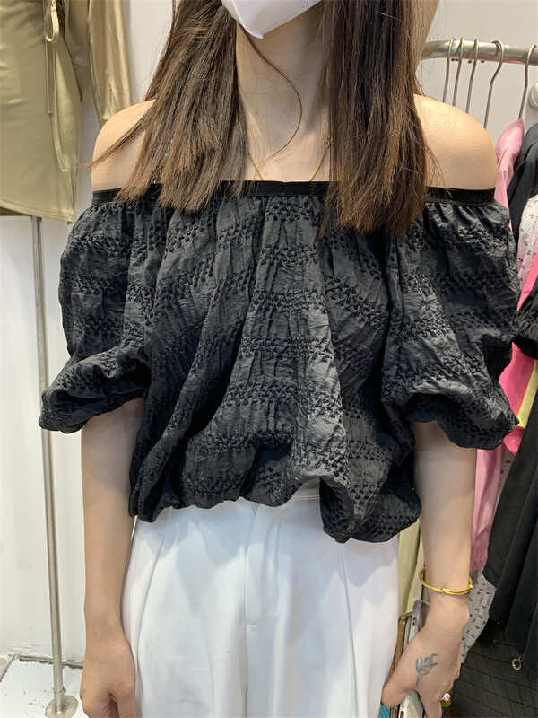 [Korean C family] French pearl hanging neck one shoulder jacquard blouse 9760# PCZ