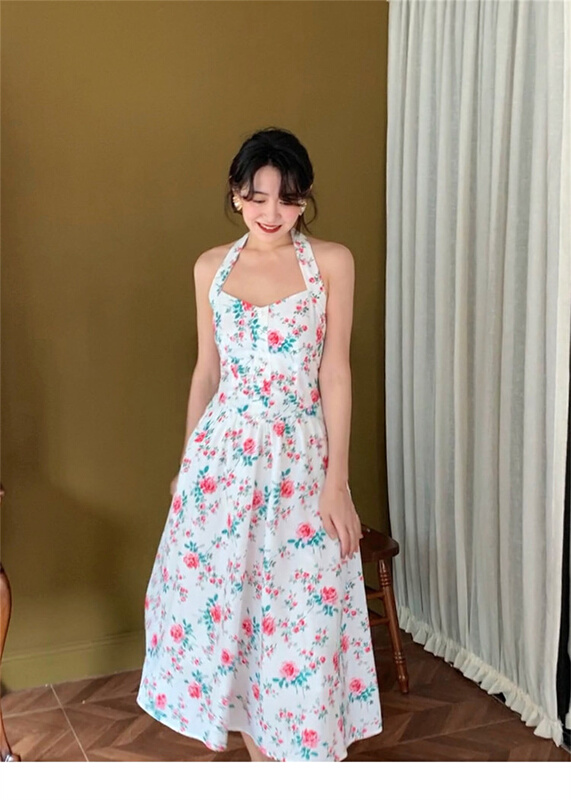 [MS studio] French gentle wind broken flower hanging neck medium length dress 3050# PCZ