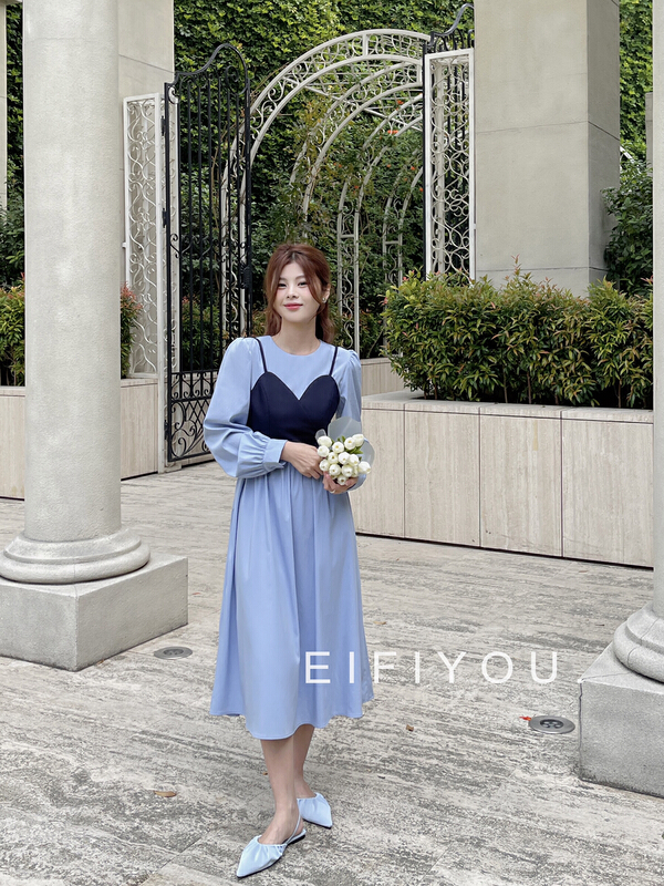 [EI fi you] French style round neck bubble sleeve dress (with vest) 1918# LSL