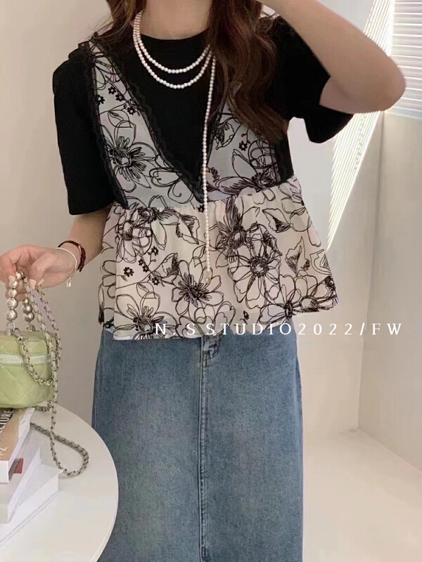 [N.S] Vintage flocking floral fake two short sleeve T-shirt 272# WPL