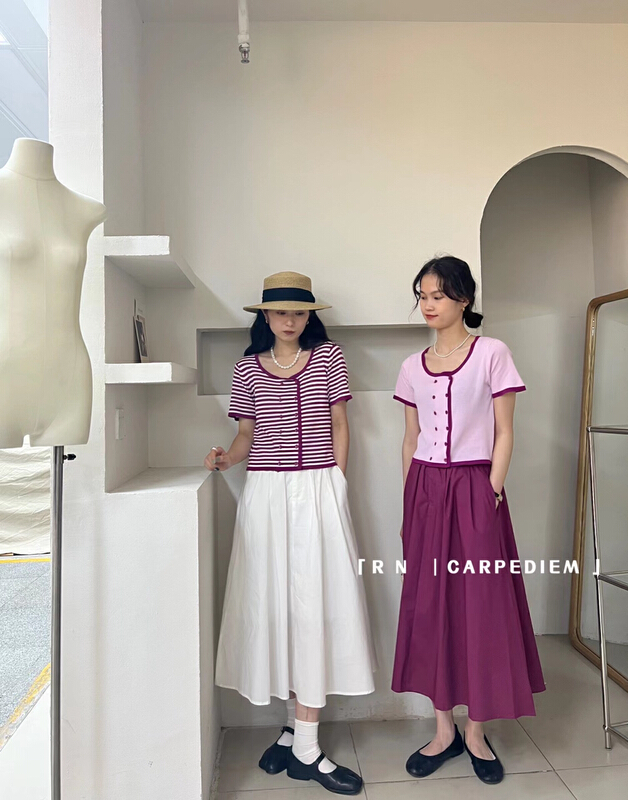 New in early summer! [R n] Korean version square neck double breasted contrast color stitching knitted cardigan 80699# ll
