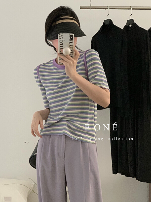 [f one] Korean personalized stripe bubble sleeve short sleeve T-shirt 66105# WPL