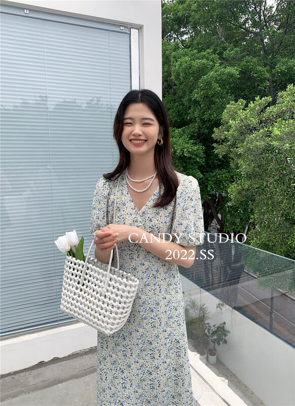 [candy] Korean floral bubble sleeve V-neck dress b7303# ZSY
