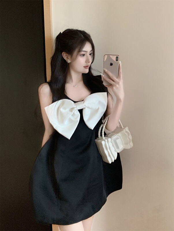 [Doudou family] contrast bow, high waist and thin dress 88265# CLS