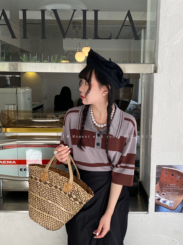 [moment with you] STRIPED FASHION versatile short sleeve T-shirt t0718-j# LSW