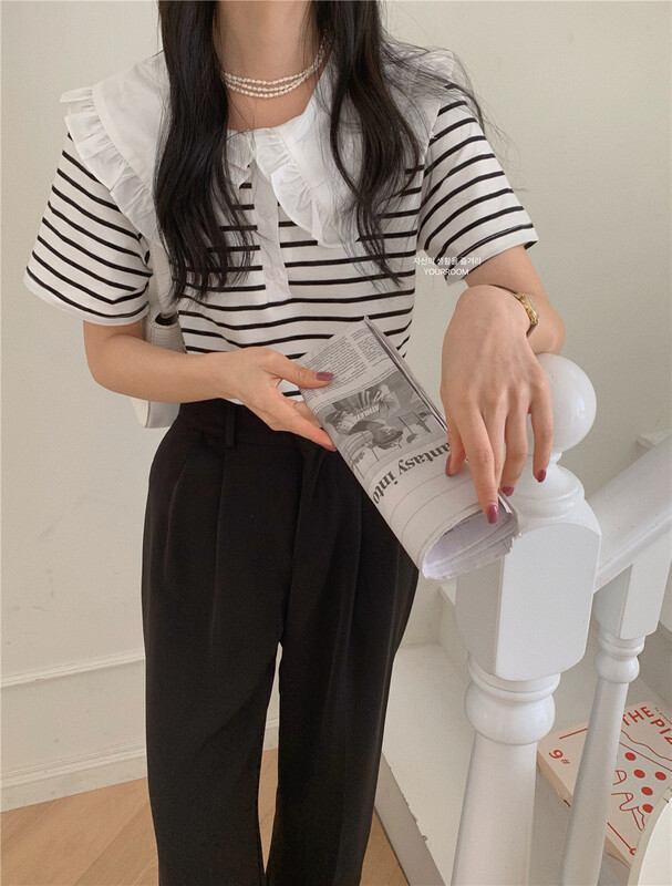 [your room] Korean striped bubble sleeve slim short sleeve T-shirt 552# cqw