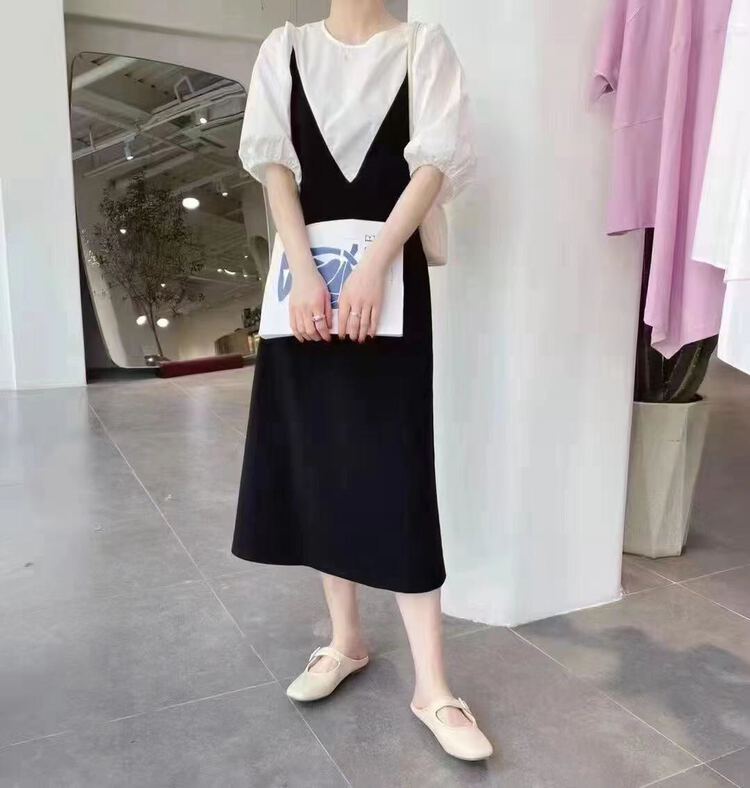 [I-D] Korean version versatile slim fake two-piece dress 8155# ll