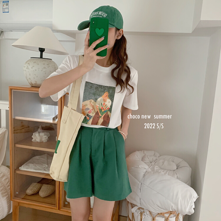 [choco] Korean style oil painting girl print short sleeve T-shirt 8287# HBx