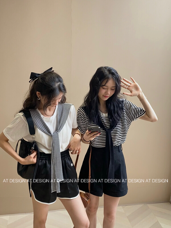 [at] stitching fake two striped shawl sweater 3361# LSL