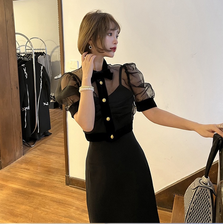 [pan] French black suspender dress + gold button blouse set (with Brooch) 00314# PCZ
