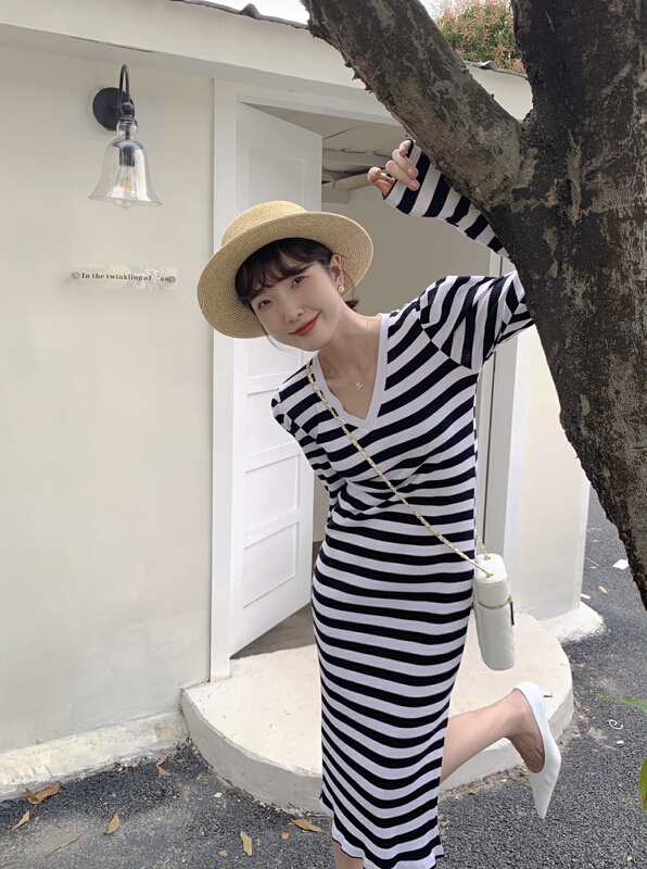 [new open] V-neck Vintage stripe dress ys1-fl22216# zxl